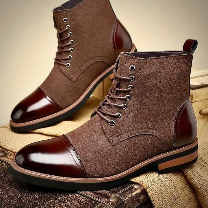 Front view of men's timeless brown Oxford dress boots, a classic footwear choice for elegant daily wear.