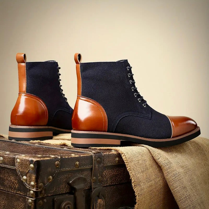 Close-up of men's black classic Oxford boots, showcasing premium leather texture and fine craftsmanship.