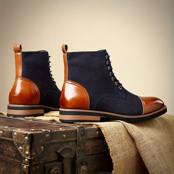 Close-up of men's black classic Oxford boots, showcasing premium leather texture and fine craftsmanship.