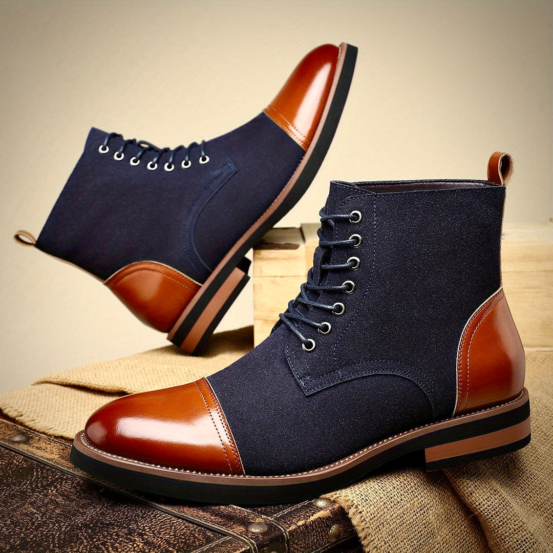 Side profile of stylish men's brown Oxford dress boots, featuring a comfortable design and durable sole.