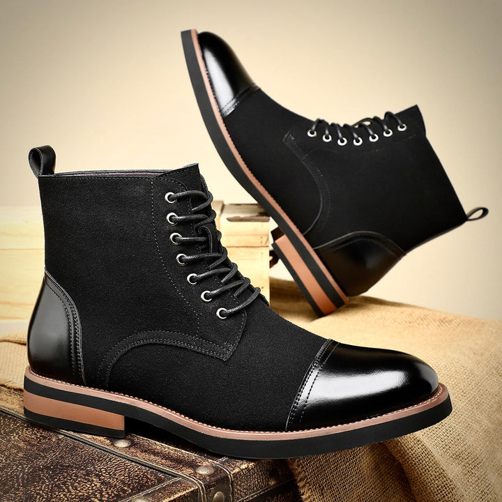 High-angle view of comfortable men's brown Oxford boots, highlighting the classic lace-up design.