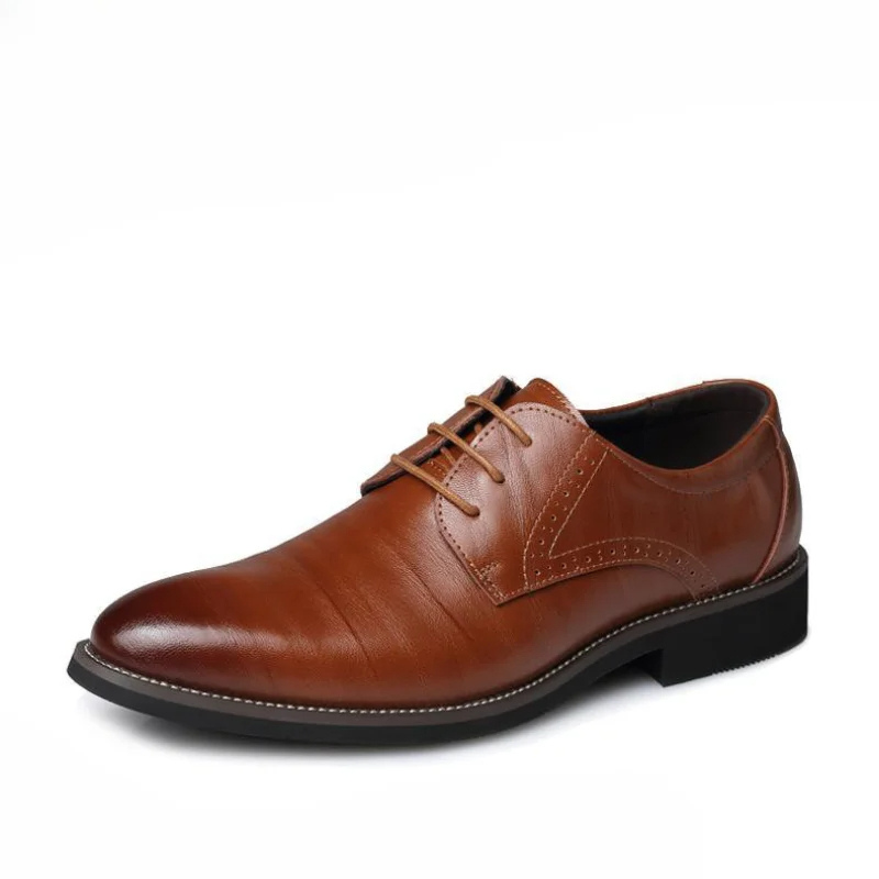 Full view of men's dark brown Oxford dress shoes. Elegant lace-up design for comfortable and formal timeless style.