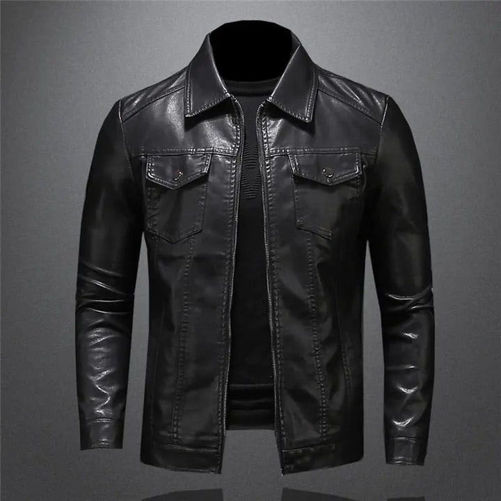 Men's classic black Oxford jacket, a timeless leather outerwear piece with a zip-front closure and regular fit.