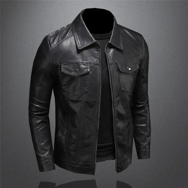 Premium men's black leather Oxford jacket, featuring a durable construction and sleek design for modern outerwear.