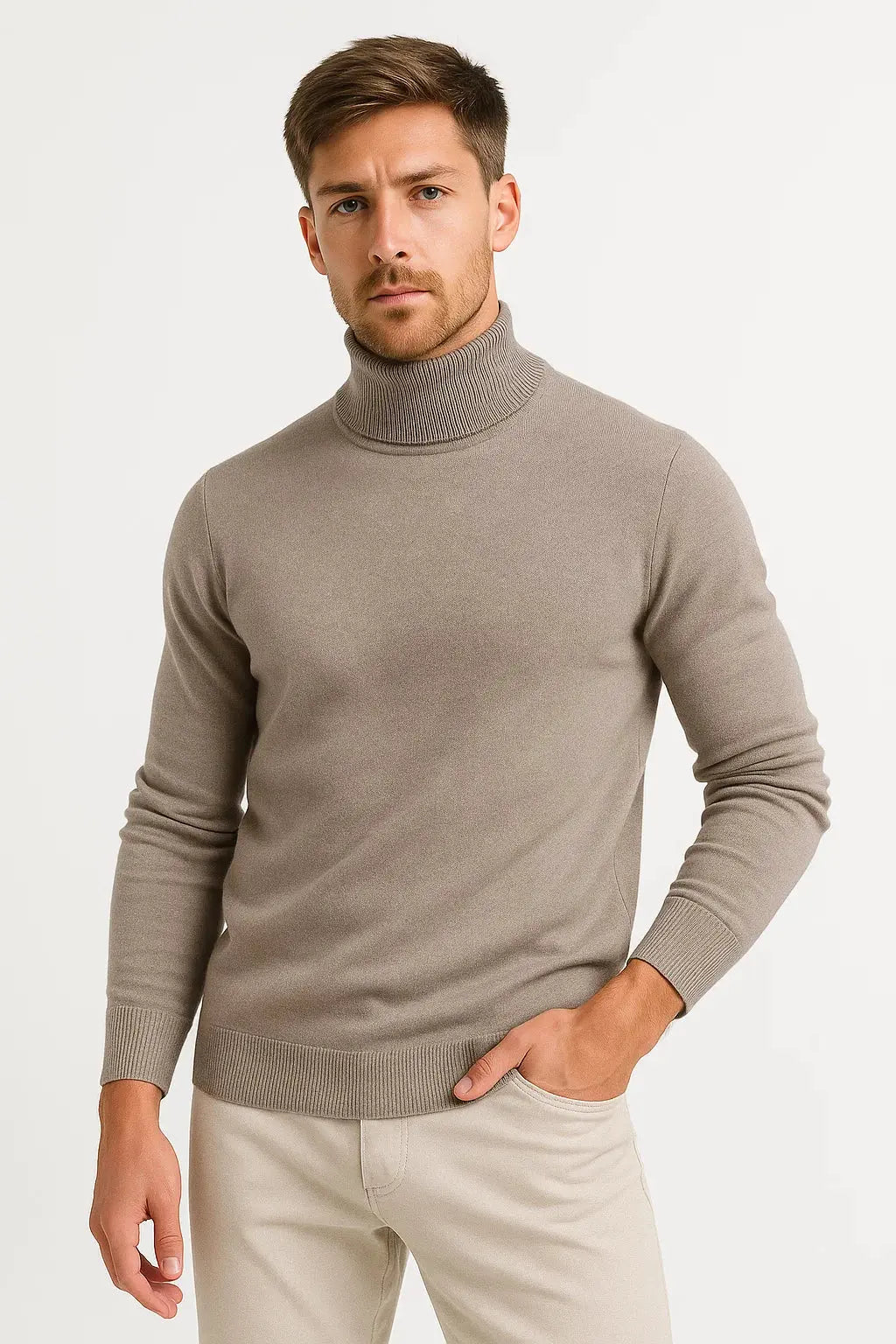 Men's classic black turtleneck sweater, ideal for elegant style & winter comfort.