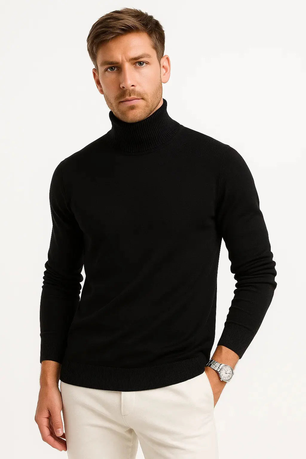 Comfortable men's long sleeve turtleneck sweater, perfect for autumn casual or formal layering.