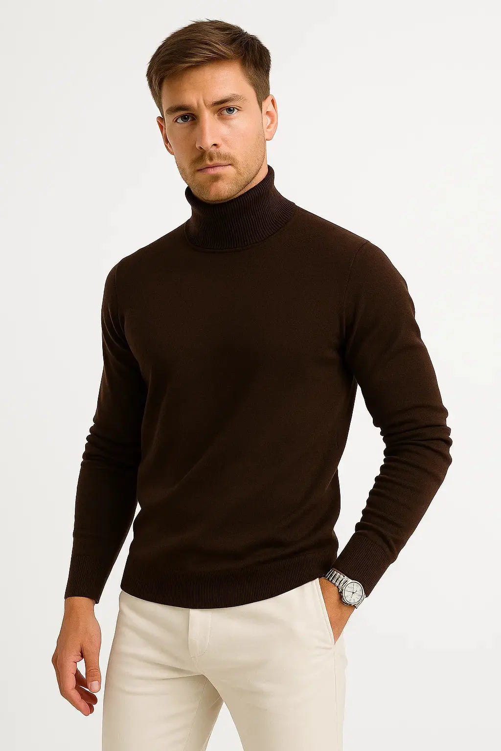 Timeless men's turtleneck sweater in a classic knit, essential men's apparel for sophisticated winter fashion.