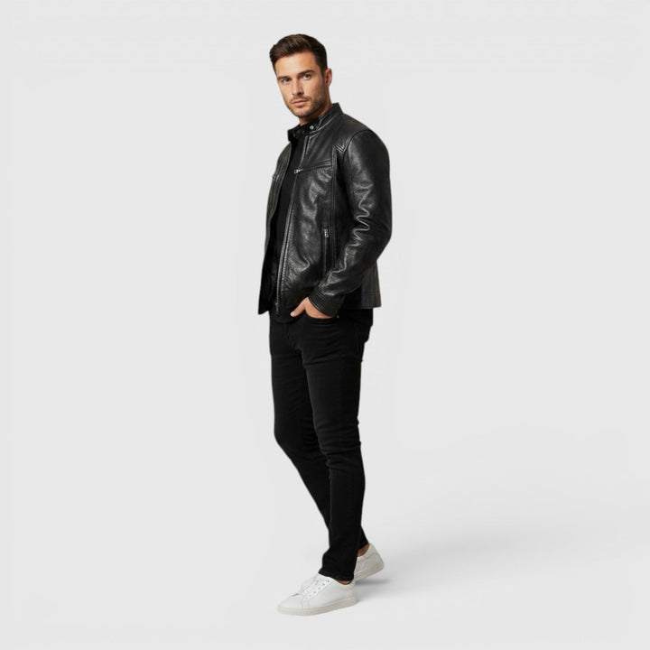 Stylish men's classic zip-front jacket in a versatile neutral tone, perfect for timeless fashion.