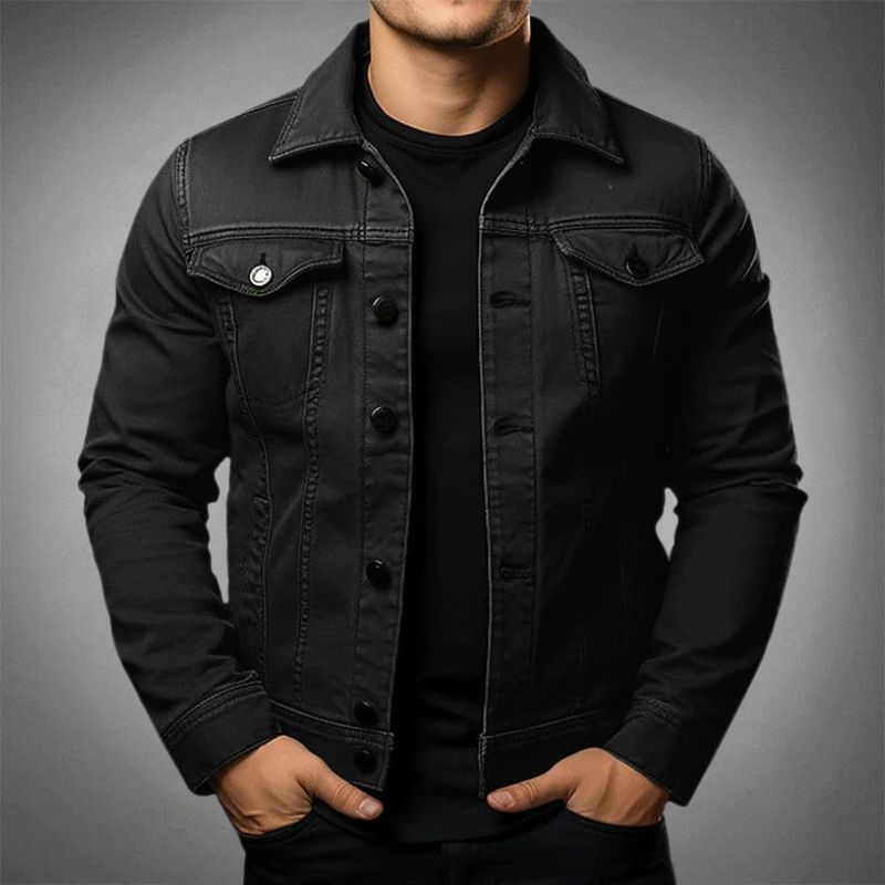 Timeless men's white denim jacket, classic style outerwear, button-up, ideal for spring/summer casual fashion.