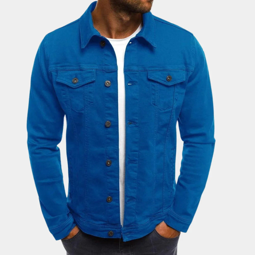 Men's classic blue denim jacket, regular fit, perfect for versatile everyday wear & timeless casual style.