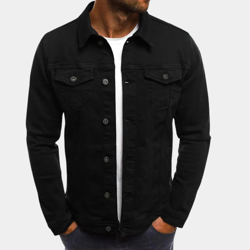 Back view of a men's classic denim jacket, regular fit, ideal casual outerwear for spring & fall men's fashion.