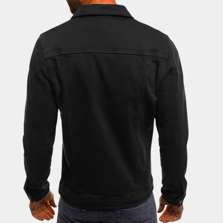 Front view of a men's open denim jacket, showing classic style, perfect for layering & everyday comfort.
