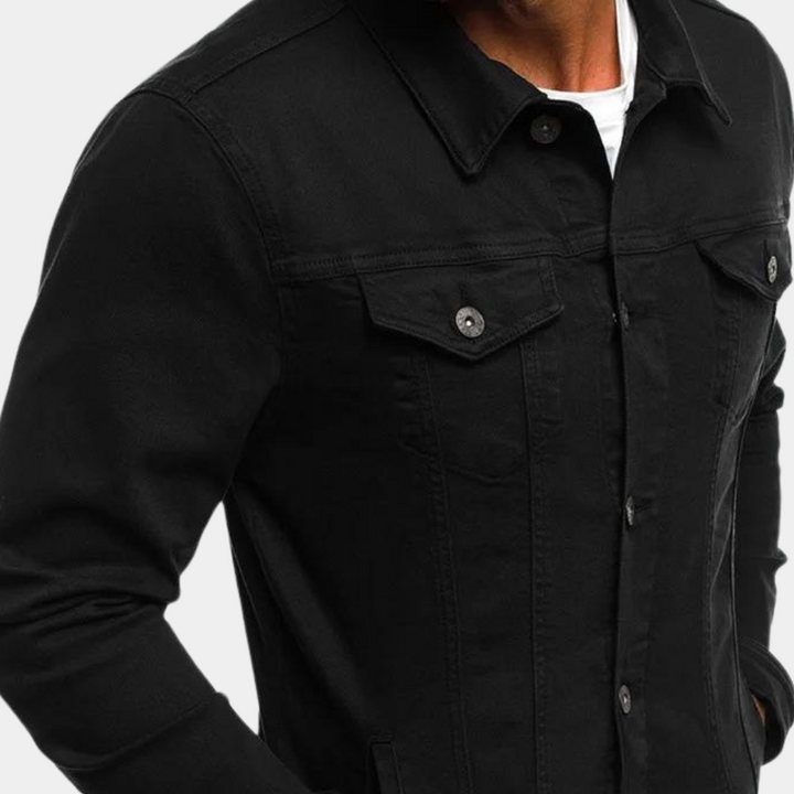 New men's classic denim jacket on hanger, a versatile & stylish piece for casual men's fashion & everyday apparel.