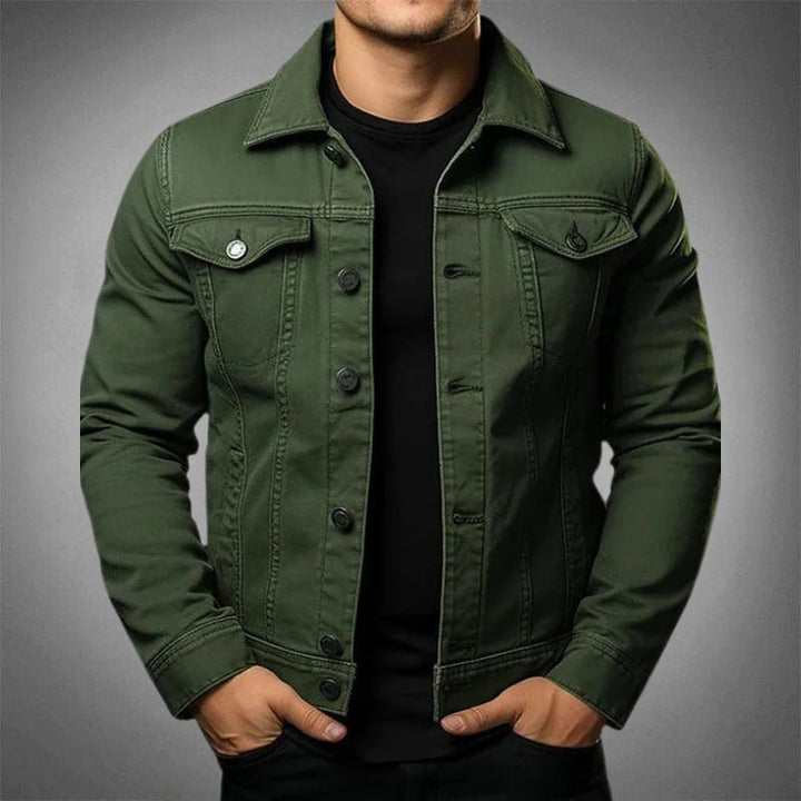 Durable men's classic blue denim jacket. Essential versatile outer wear for timeless everyday men's clothing.