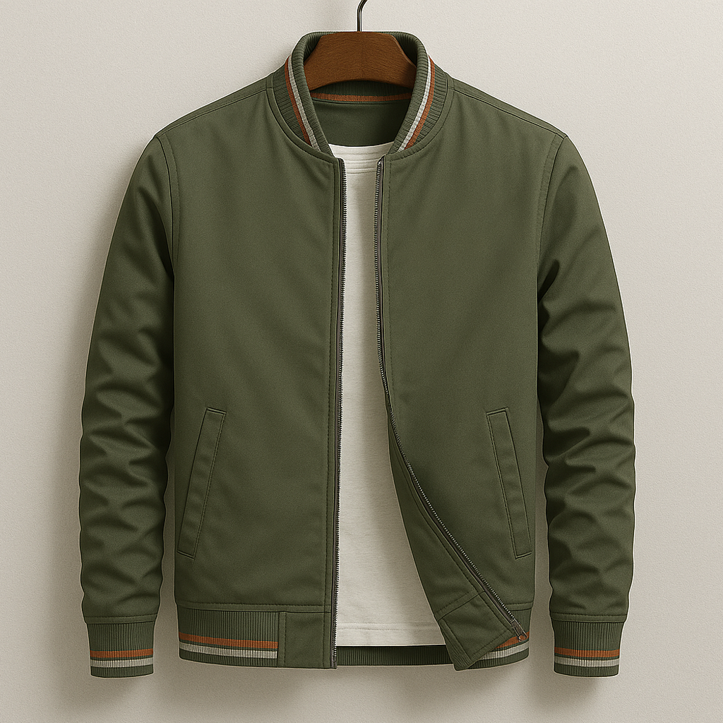 Stylish men's bomber jacket, structured lightweight design. Ideal casual outerwear for modern men's fashion.