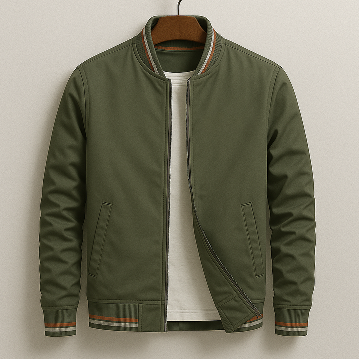 Stylish men's bomber jacket, structured lightweight design. Ideal casual outerwear for modern men's fashion.