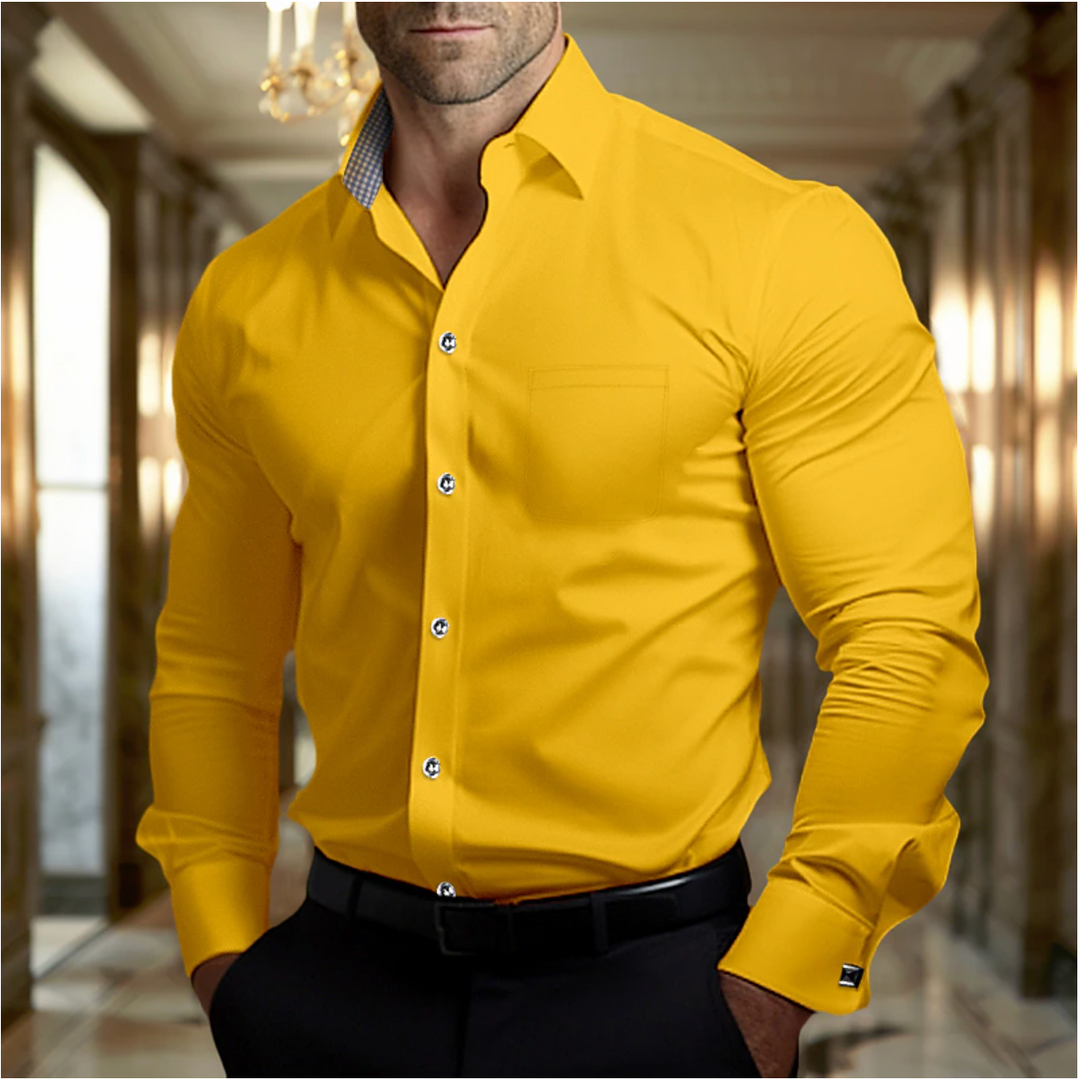 Stylish men's long sleeve dress shirt. Versatile button-down for formal wear, casual elegance & office.