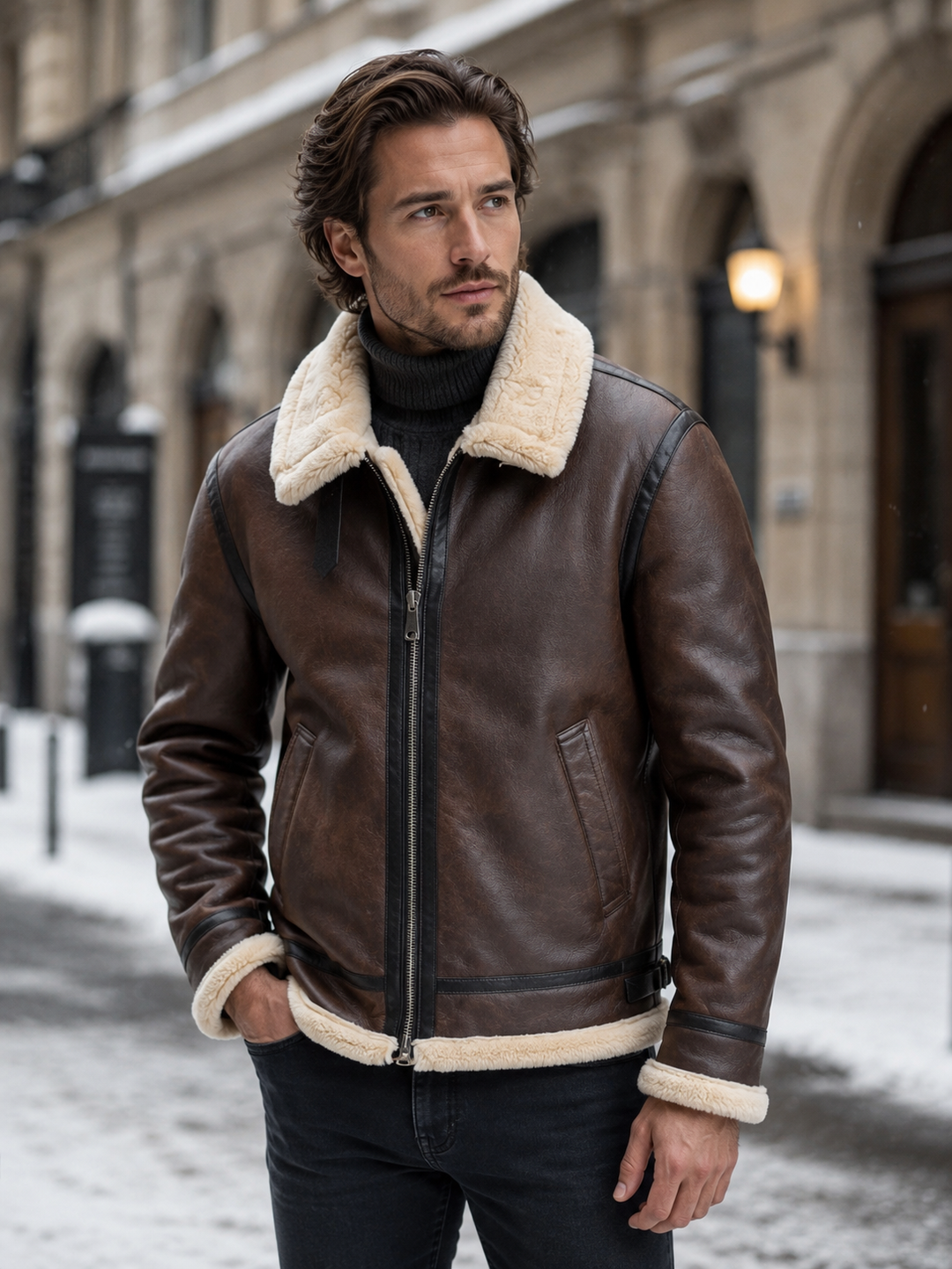 Stylish men's dark brown leather aviator jacket with collar and zip, perfect for casual winter fashion.