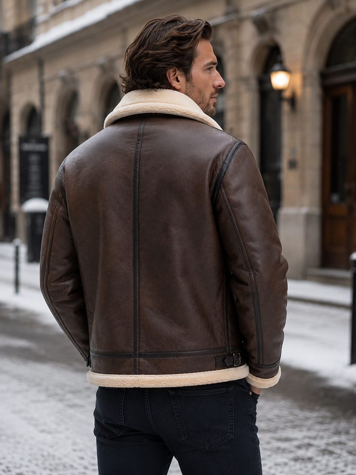 Warm men's winter aviator jacket, durable brown leather with classic design, ideal for cold weather.