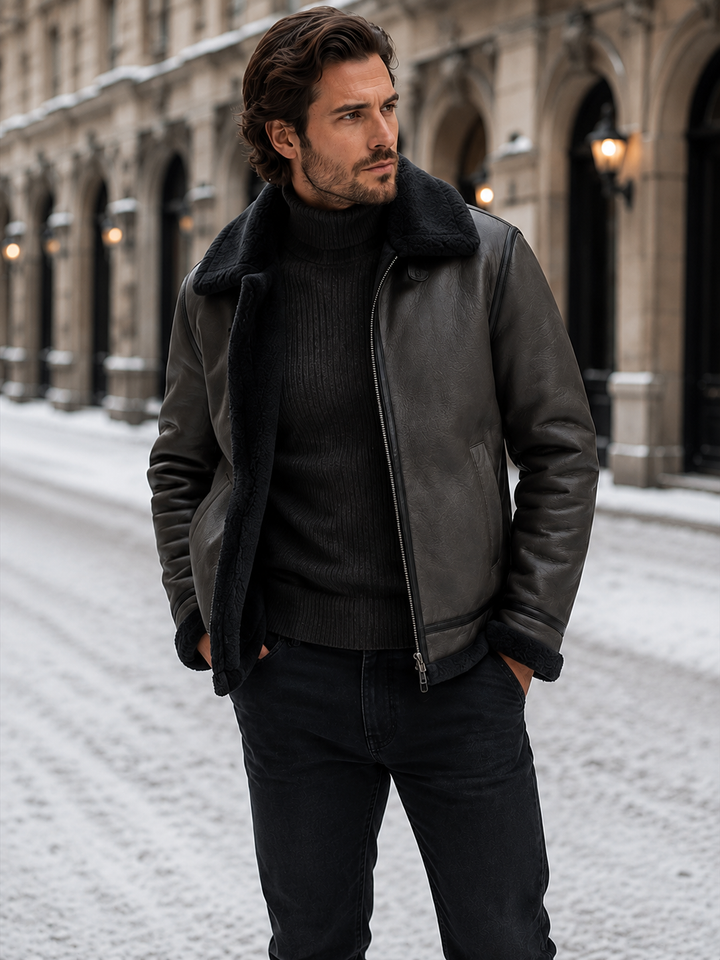 Men's zip-up leather aviator jacket, classic style for winter, offering warmth and stylish outerwear.
