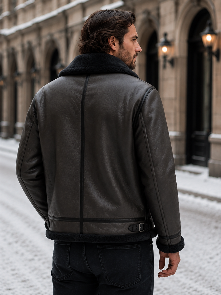 Versatile men's classic brown leather aviator jacket, durable and warm for everyday casual winter wear.