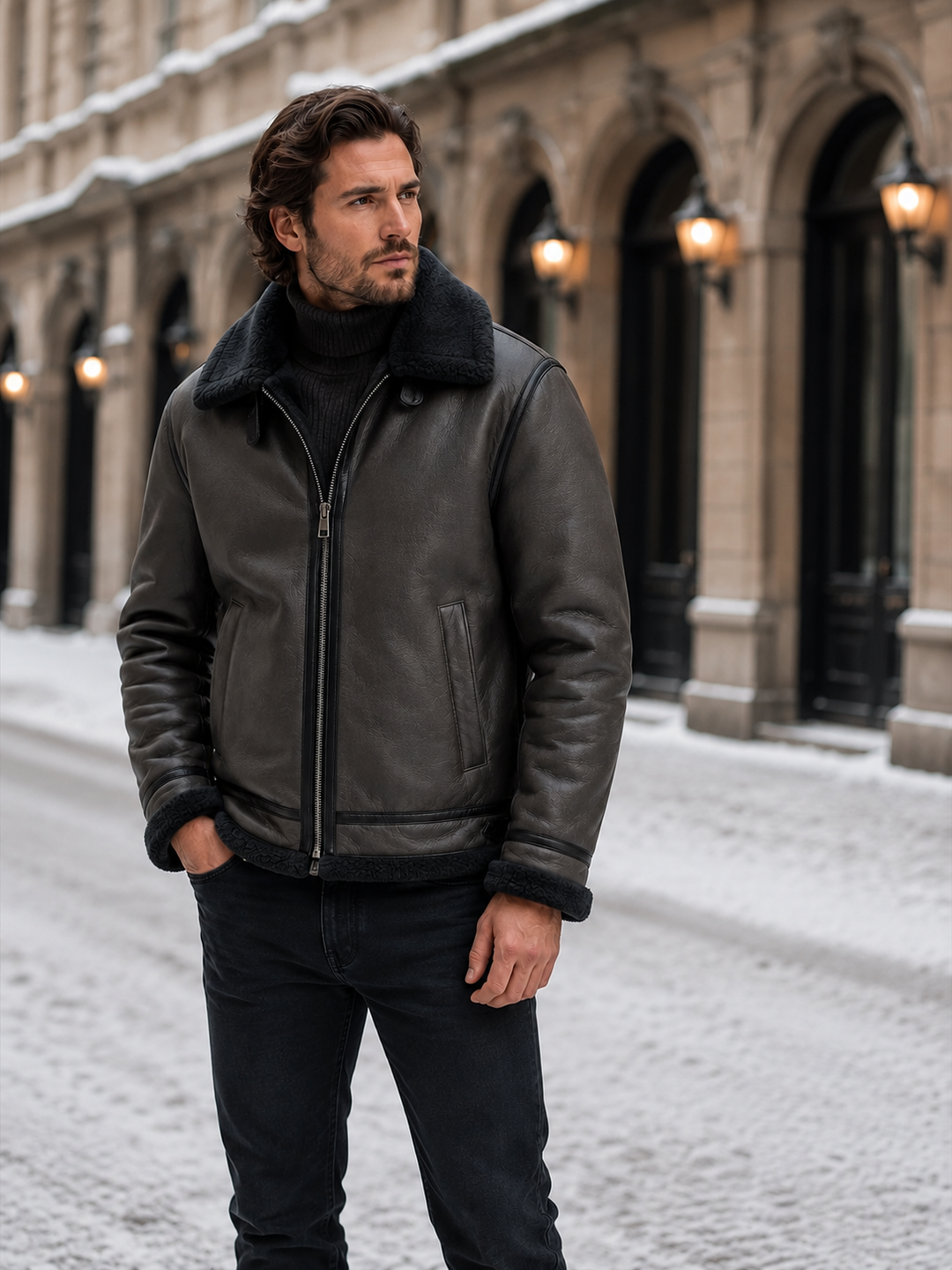 Durable men's premium leather aviator jacket, classic style, providing warmth and stylish winter fashion.