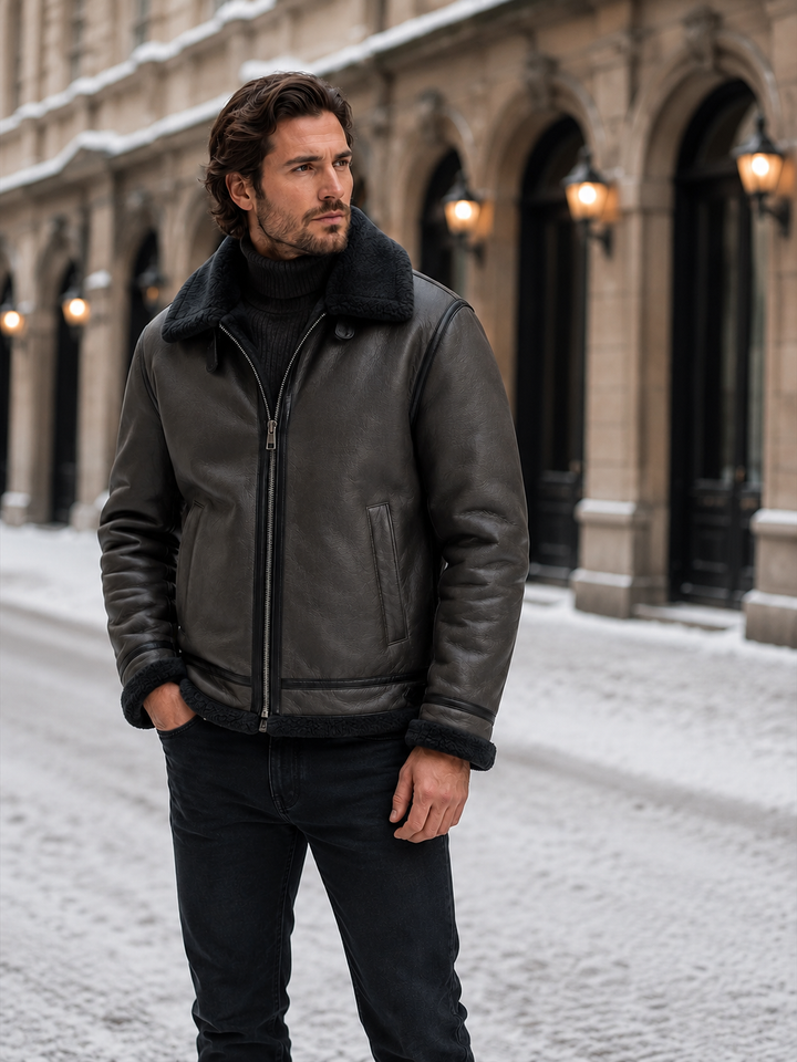 Durable men's premium leather aviator jacket, classic style, providing warmth and stylish winter fashion.