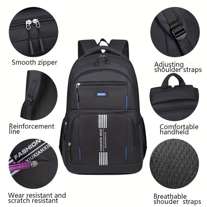 Man carrying a classic brown leather backpack, ideal for travel and daily commute.