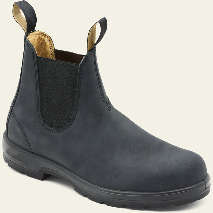 Stylish men's black leather Chelsea boots featuring elastic side panels & sturdy lug sole. Perfect for everyday fashion.