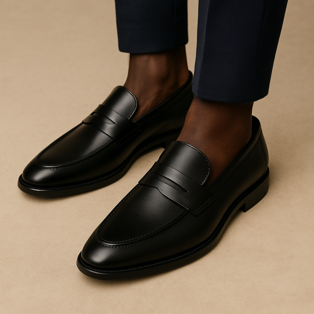 Men's classic brown leather penny loafers. Comfortable slip-on casual dress shoes for elegant everyday style.