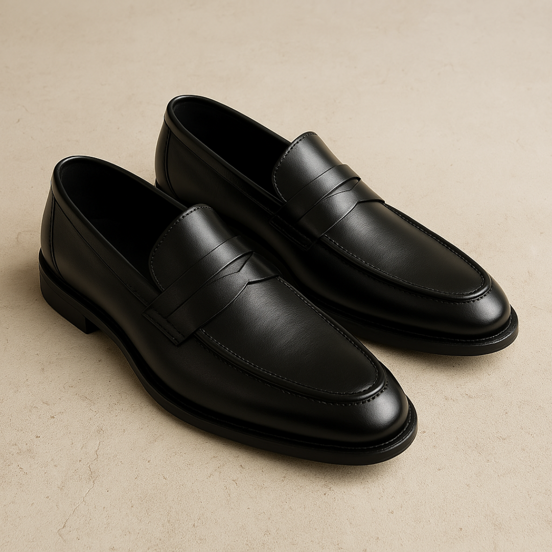 Elegant black leather men's penny loafers. Versatile slip-on dress shoes for smart casual and business looks.
