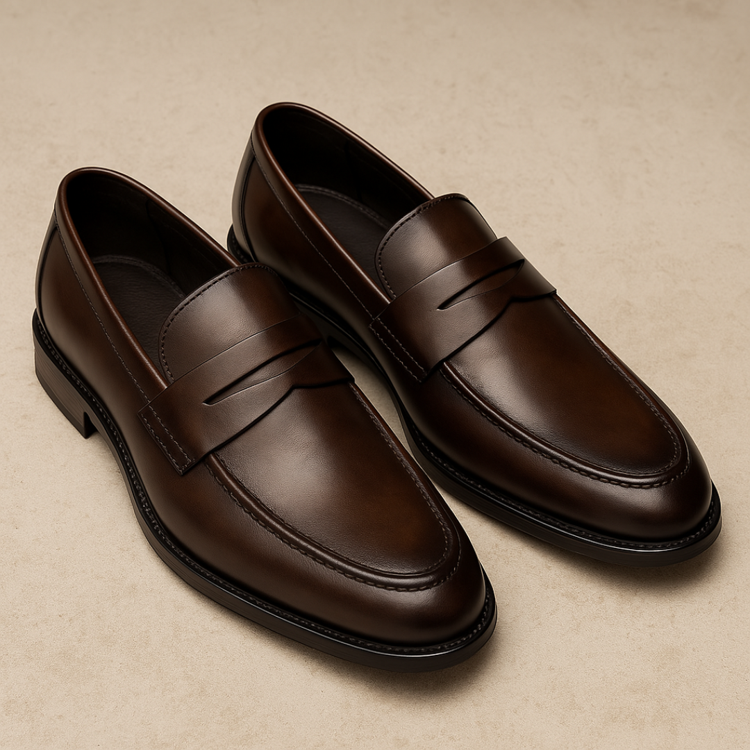 Comfortable men's casual penny loafers. Sleek slip-on design in black leather, ideal for everyday elegant footwear.