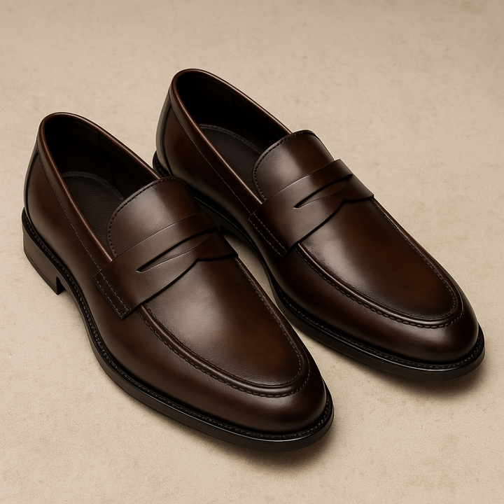 Comfortable men's casual penny loafers. Sleek slip-on design in black leather, ideal for everyday elegant footwear.