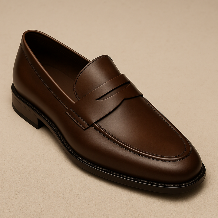 Close-up of men's elegant black leather penny loafers. Smart casual slip-on shoes, a staple in men's fashion.