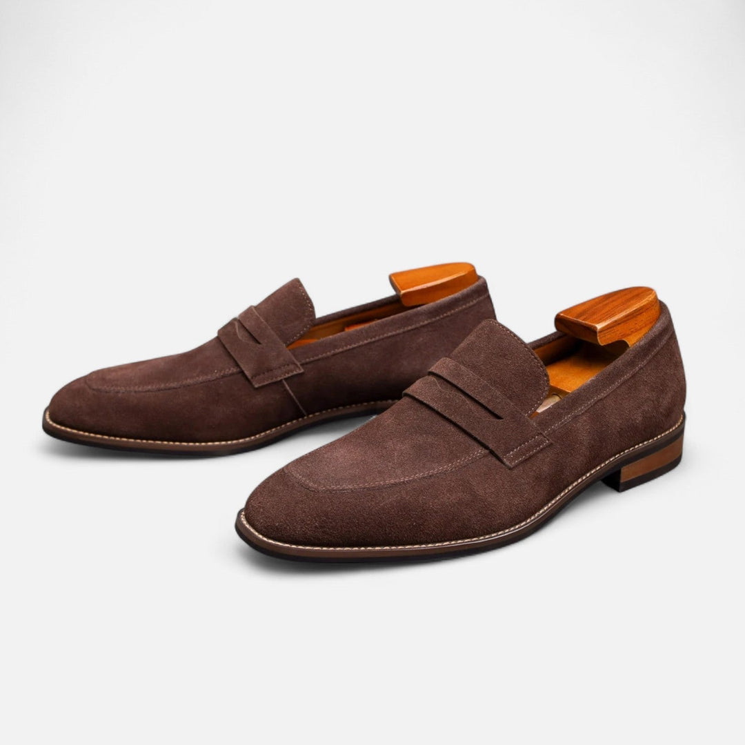 Men's classic brown leather penny loafers. Smart slip-on dress shoes for versatile formal & casual wear.