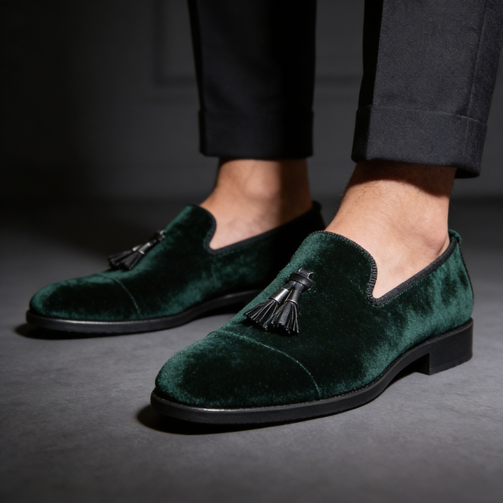 Stylish men's tassel loafers in dark brown leather. Classic slip-on dress shoes, ideal for special events.