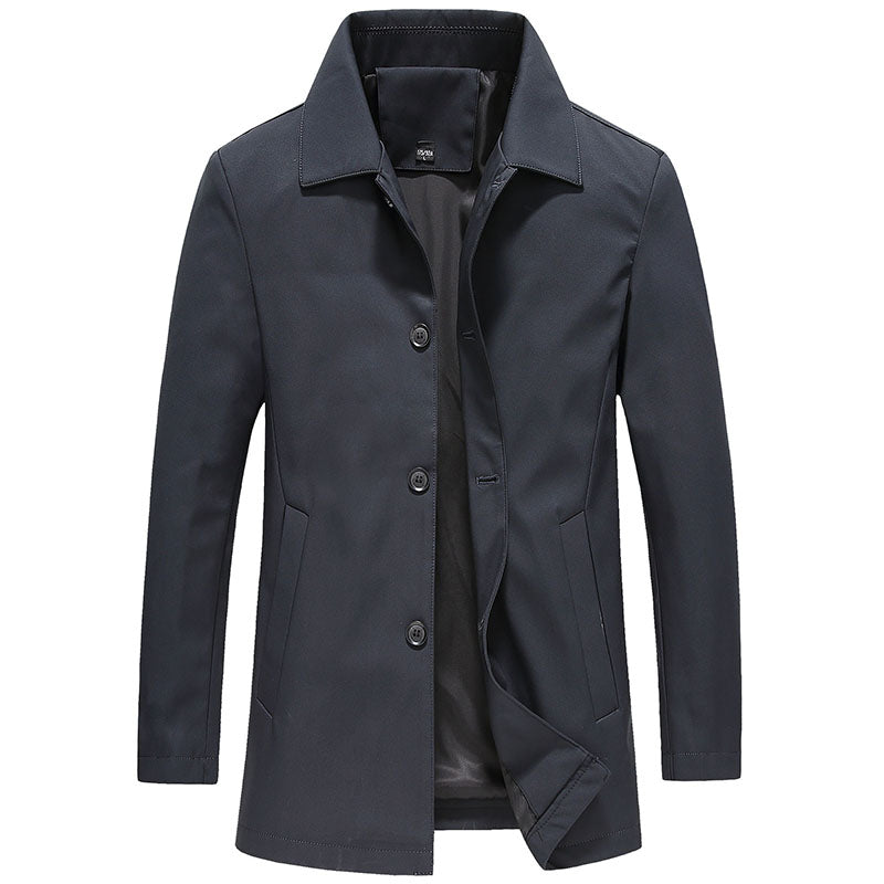 Durable men's classic collared jacket with button-down front, ideal casual outerwear for stylish spring & fall looks.