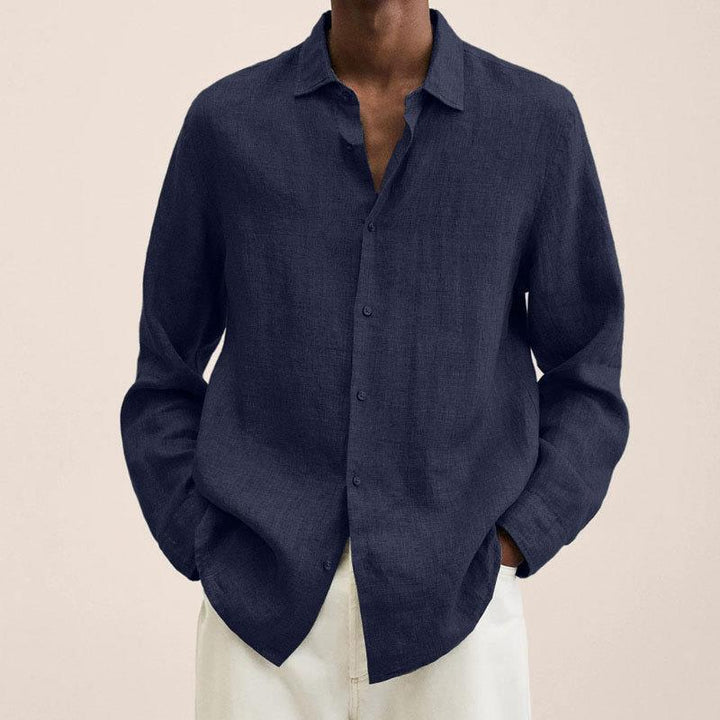 Men's long sleeve button down shirt from behind, showing relaxed fit and casual style for summer events.