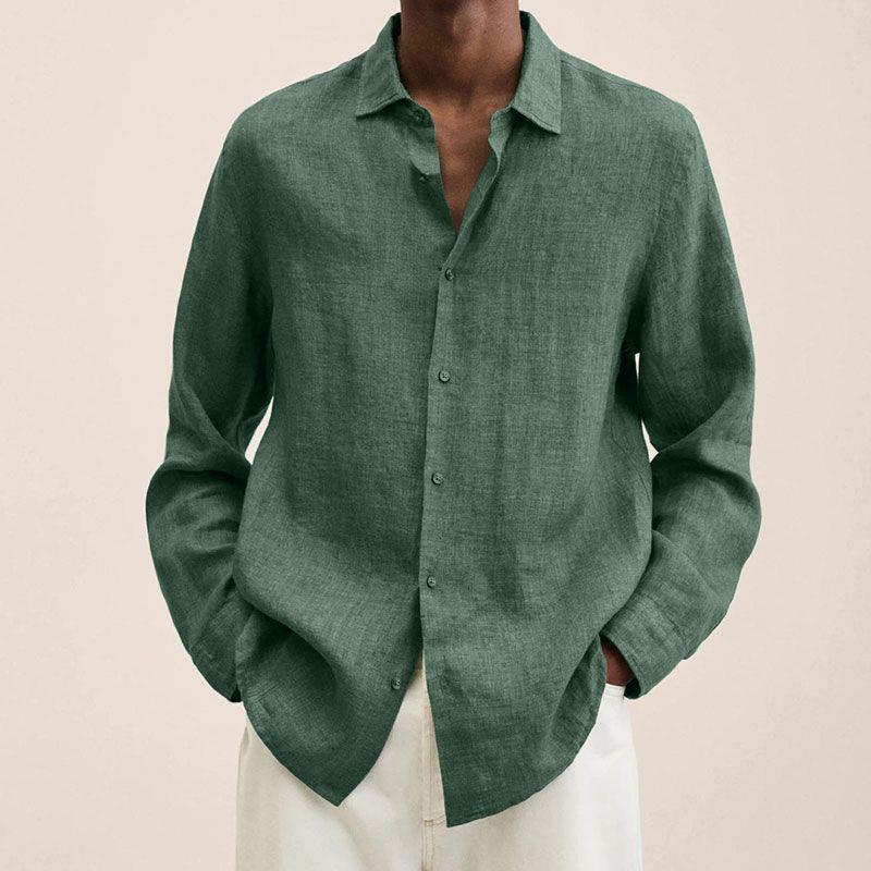 Light blue men's relaxed fit button down long sleeve shirt, an essential summer wear collared top.
