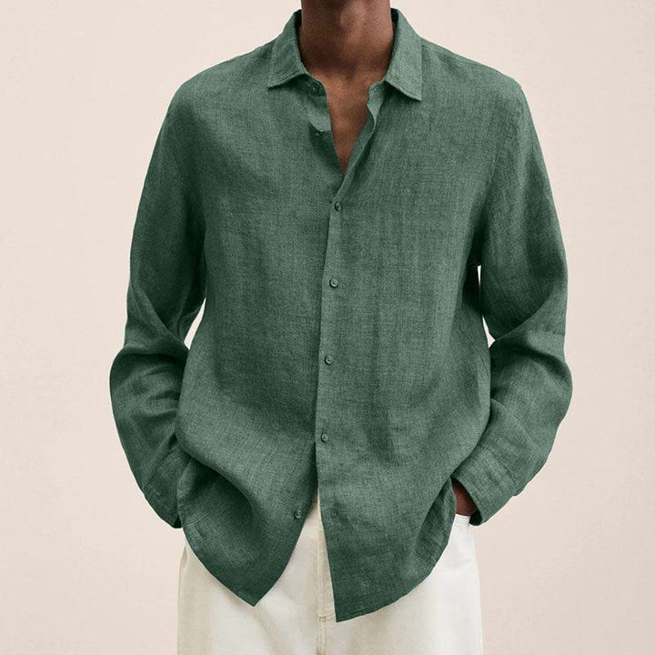 Light blue men's relaxed fit button down long sleeve shirt, an essential summer wear collared top.