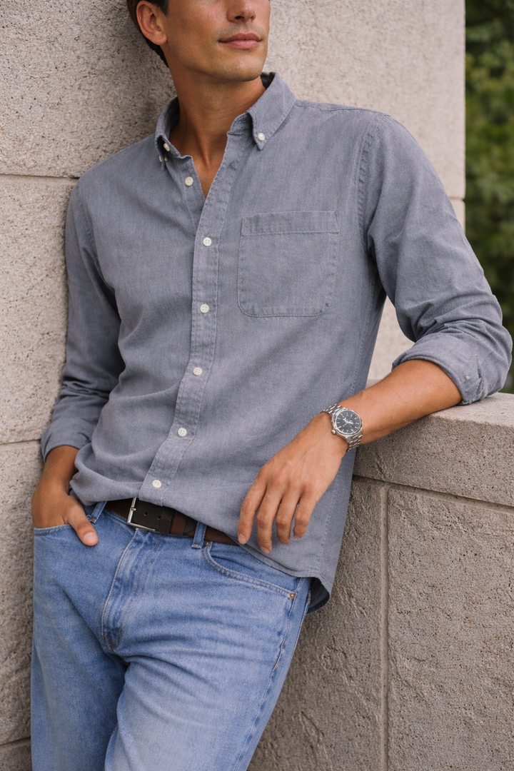 Front view of men's modern fit button-down shirt, a versatile top for smart casual, office & everyday style.