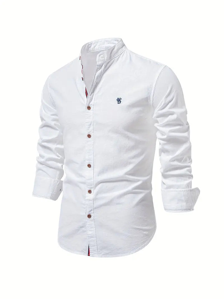 Men's classic button-front long sleeve shirt in a versatile solid color, perfect for smart casual daily wear.