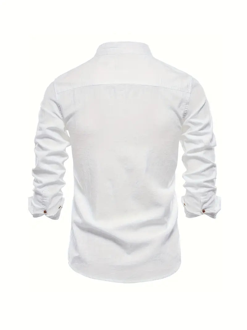 Close-up of a men's long sleeve button-down shirt fabric, highlighting its comfortable, durable weave.