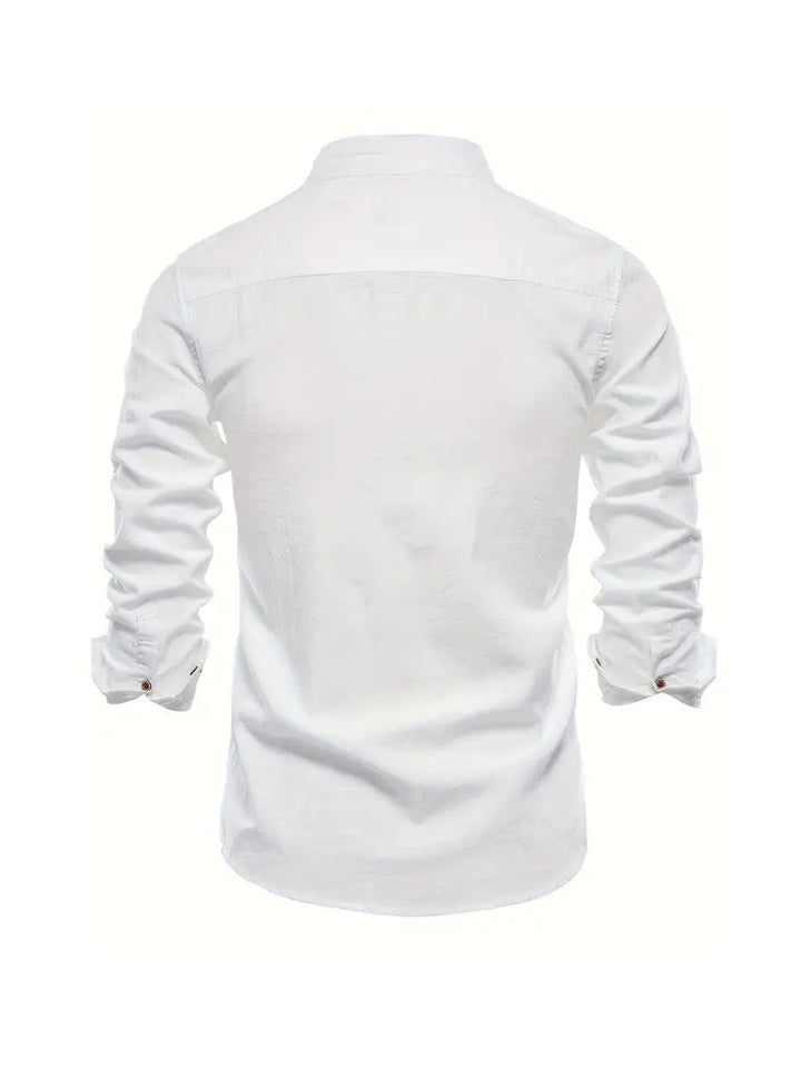 Close-up of a men's long sleeve button-down shirt fabric, highlighting its comfortable, durable weave.