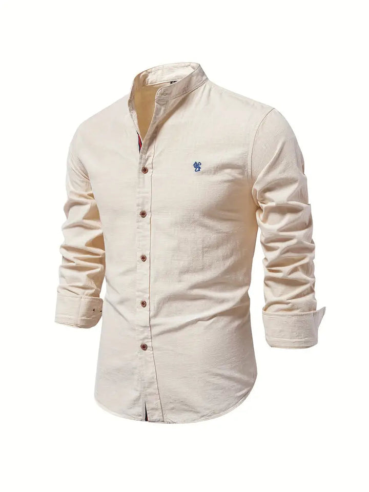 Folded men's classic long sleeve button-front shirt, a versatile top for any occasion, ready for daily wear.