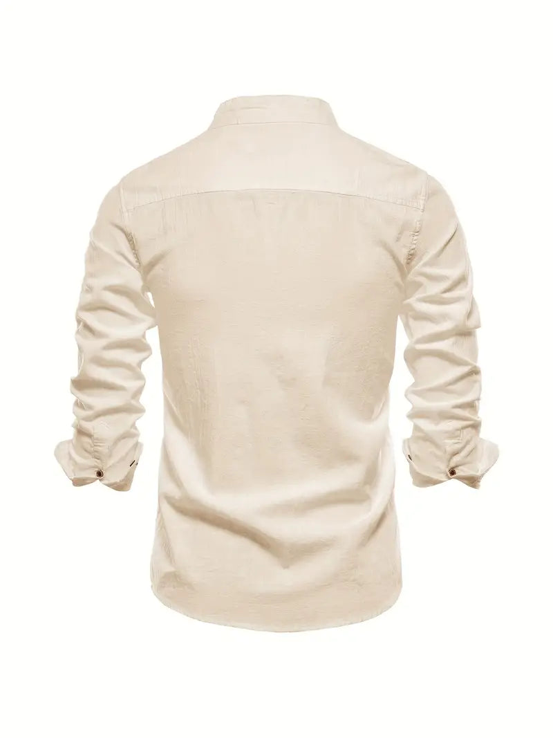Back view of a men's long sleeve button-down shirt, showcasing its classic fit and tailored details.