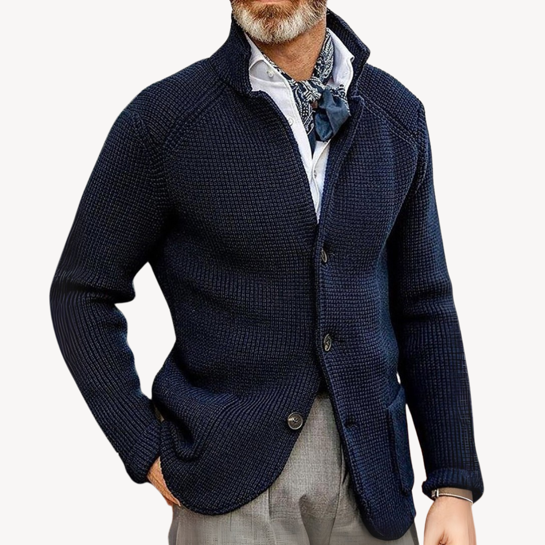 Men's classic button-up cardigan in timeless style. Versatile outerwear for layering, comfort & casual or formal looks.