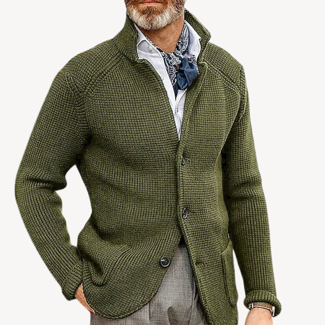 Men's classic button-up cardigan styled for formal or business casual wear. Versatile outerwear for a timeless look.