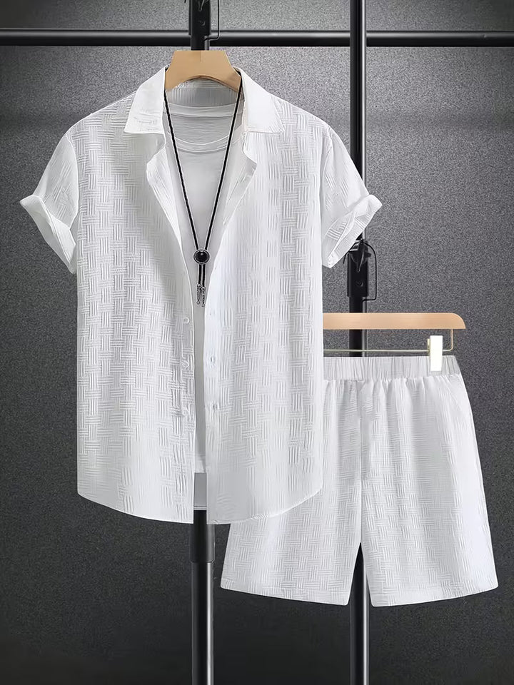 Effortless men's casual summer set: button shirt & shorts. Relaxed fit for beach, vacation, or everyday wear.