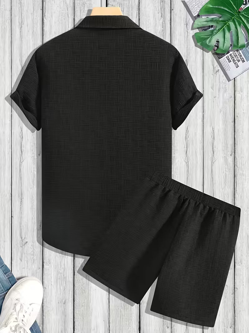 Men's stylish summer shirt and shorts coordinated set. Comfortable button-up outfit for beach, vacation, casual wear.